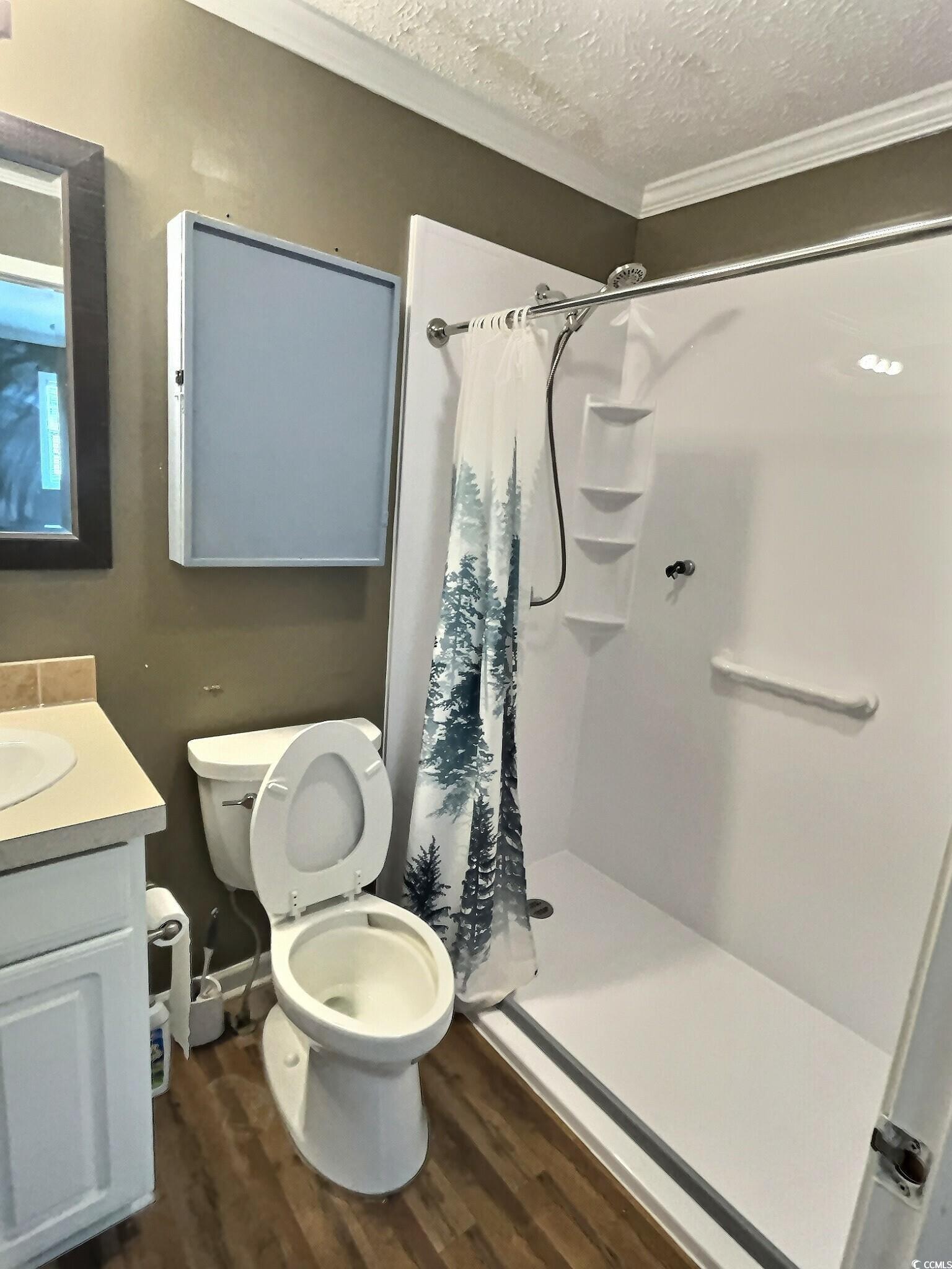 1000 Westgate Place Loris, SC 29569 - Photo 21 of 26 Full bathroom with a textured ceiling, dark wood-style floors, a shower stall, vanity, and ornamental molding
