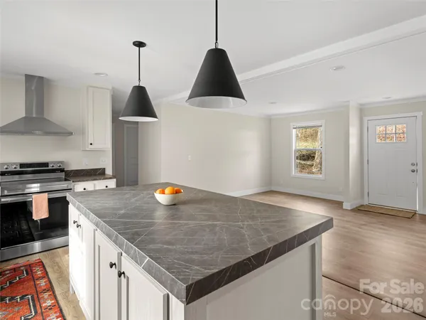 a kitchen with a stove a sink a counter space and cabinets