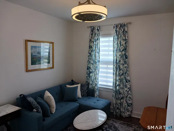a living room with furniture and a potted plant