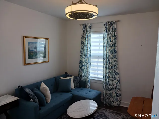 a living room with furniture and a potted plant