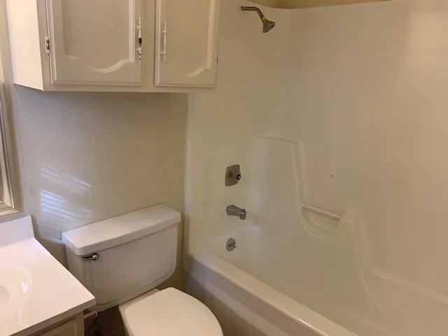 a white toilet sitting next to a bath tub