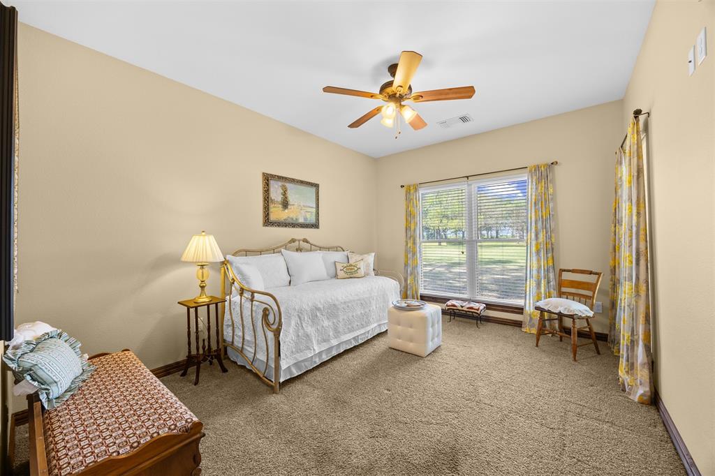 7225 Moss Ridge Road Parker, TX 75098 - Photo 24 of 40 This room features a window with blinds and drapes, a ceiling fan, and carpeted flooring