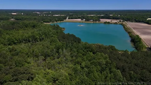 an aerial view of residential houses with outdoor space and lake view
