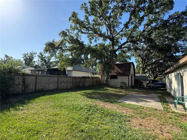 a view of a backyard with a tree
