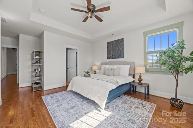 a spacious bedroom with a bed and a potted plant