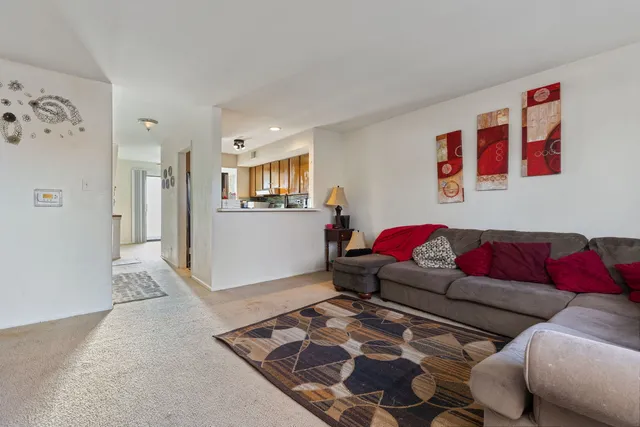 a living room with furniture and a rug
