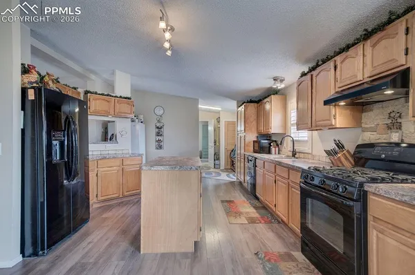 a kitchen with stainless steel appliances granite countertop a refrigerator a stove top oven a sink and dishwasher