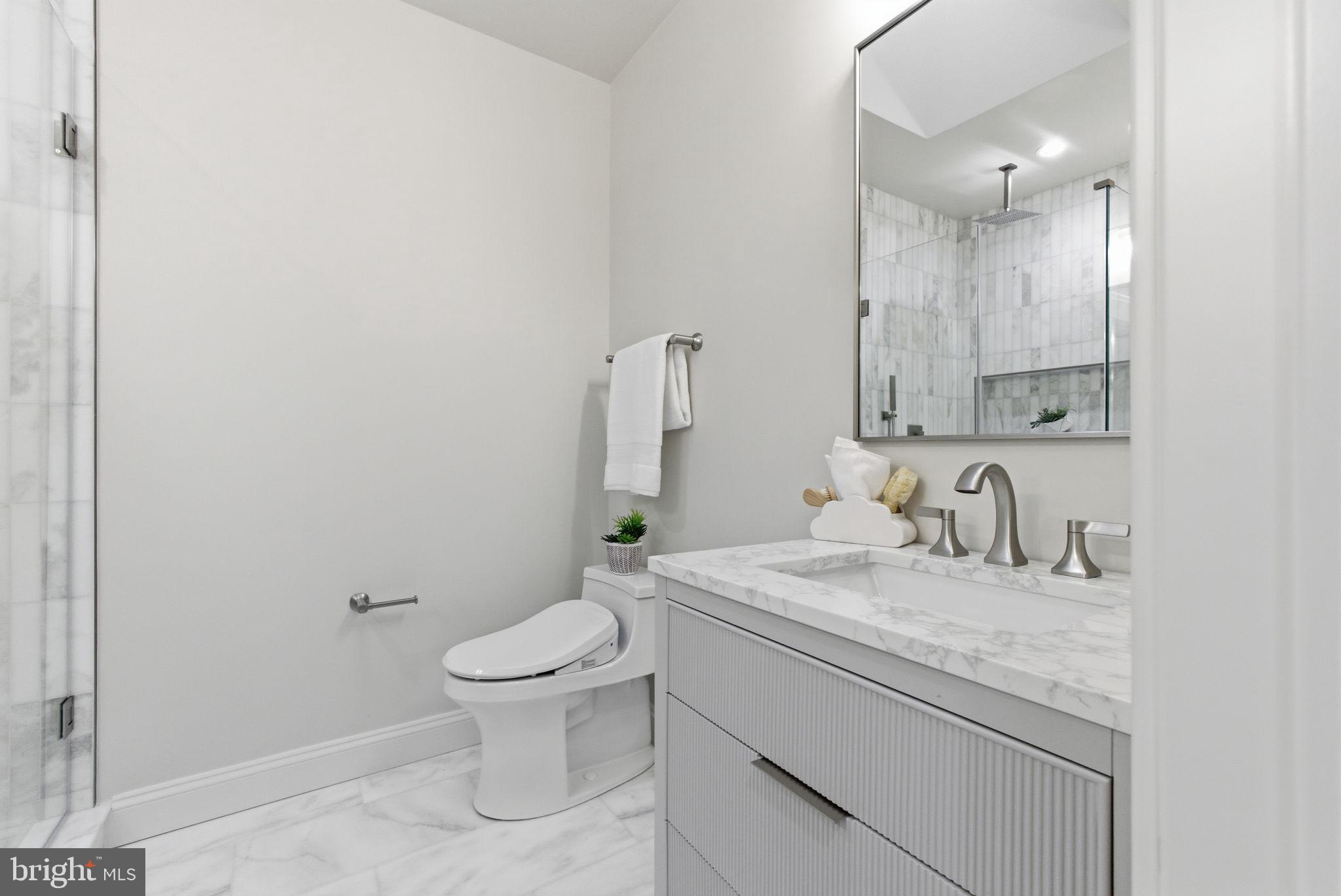 1319 East Capitol Street Southeast Washington, DC 20003 - Photo 22 of 46 a bathroom with a granite countertop sink a toilet and a mirror