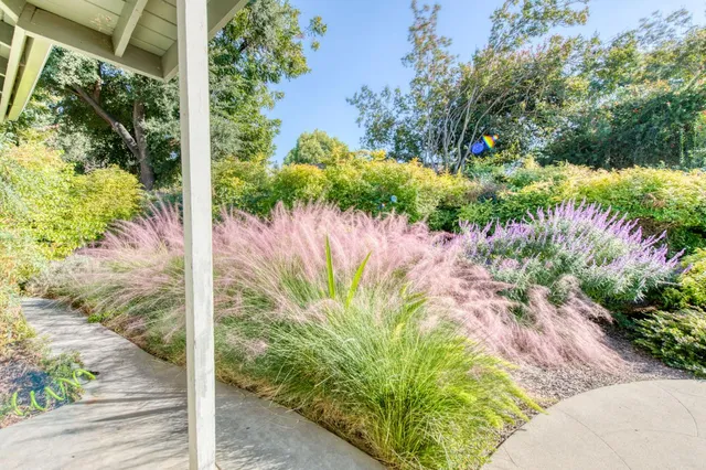 an aerial view of a house with a yard and garden