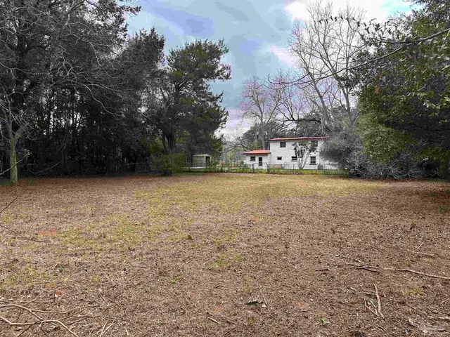 a view of a swimming pool and trees in the background