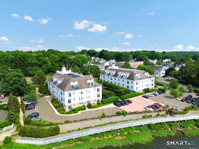 a view of a park with large trees