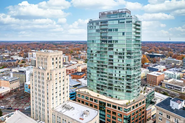 a city view with tall buildings