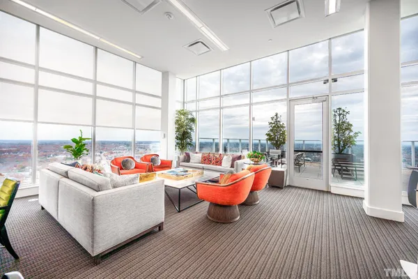 a living room with furniture a rug potted plant and a window
