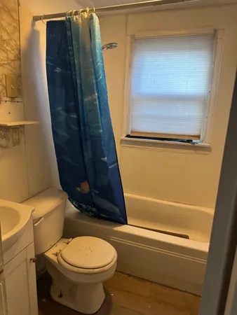 a bathroom with a toilet and a shower