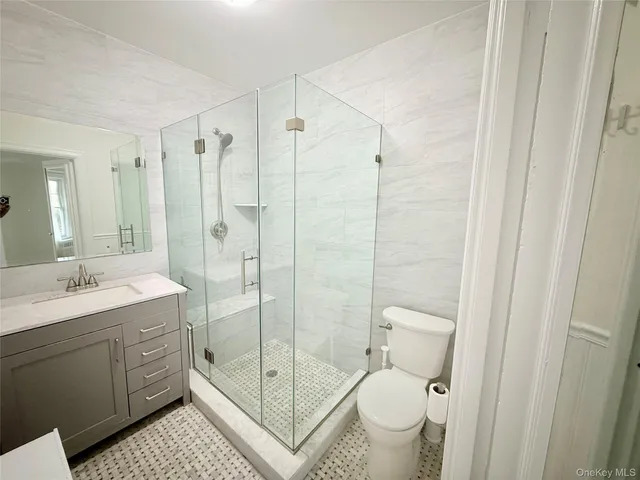 a bathroom with a shower sink vanity mirror and toilet