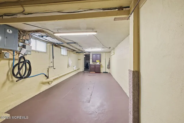 a view of a garage with stairs