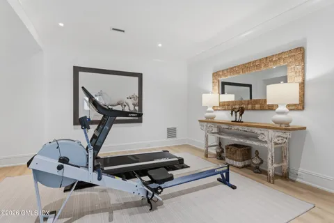 a view of a room with gym equipment