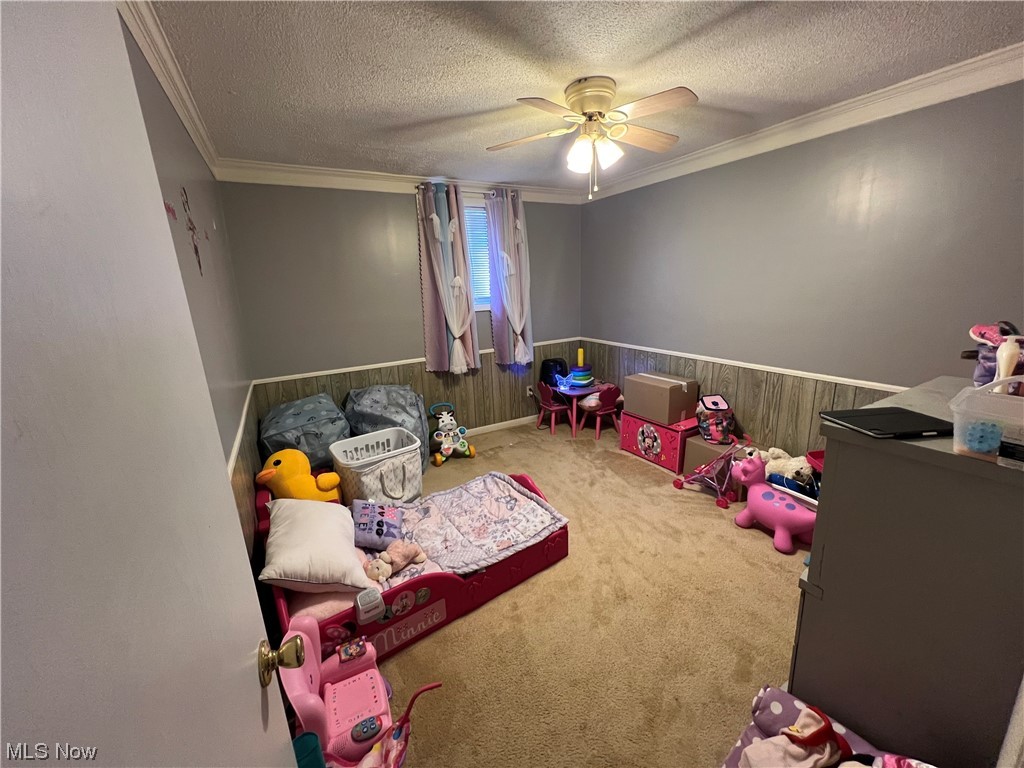 1012 Dugan Road Belpre, OH 45714 - Photo 24 of 29 Playroom with crown molding, a textured ceiling, carpet flooring, and ceiling fan