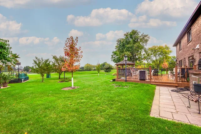 a garden with trees in front of it