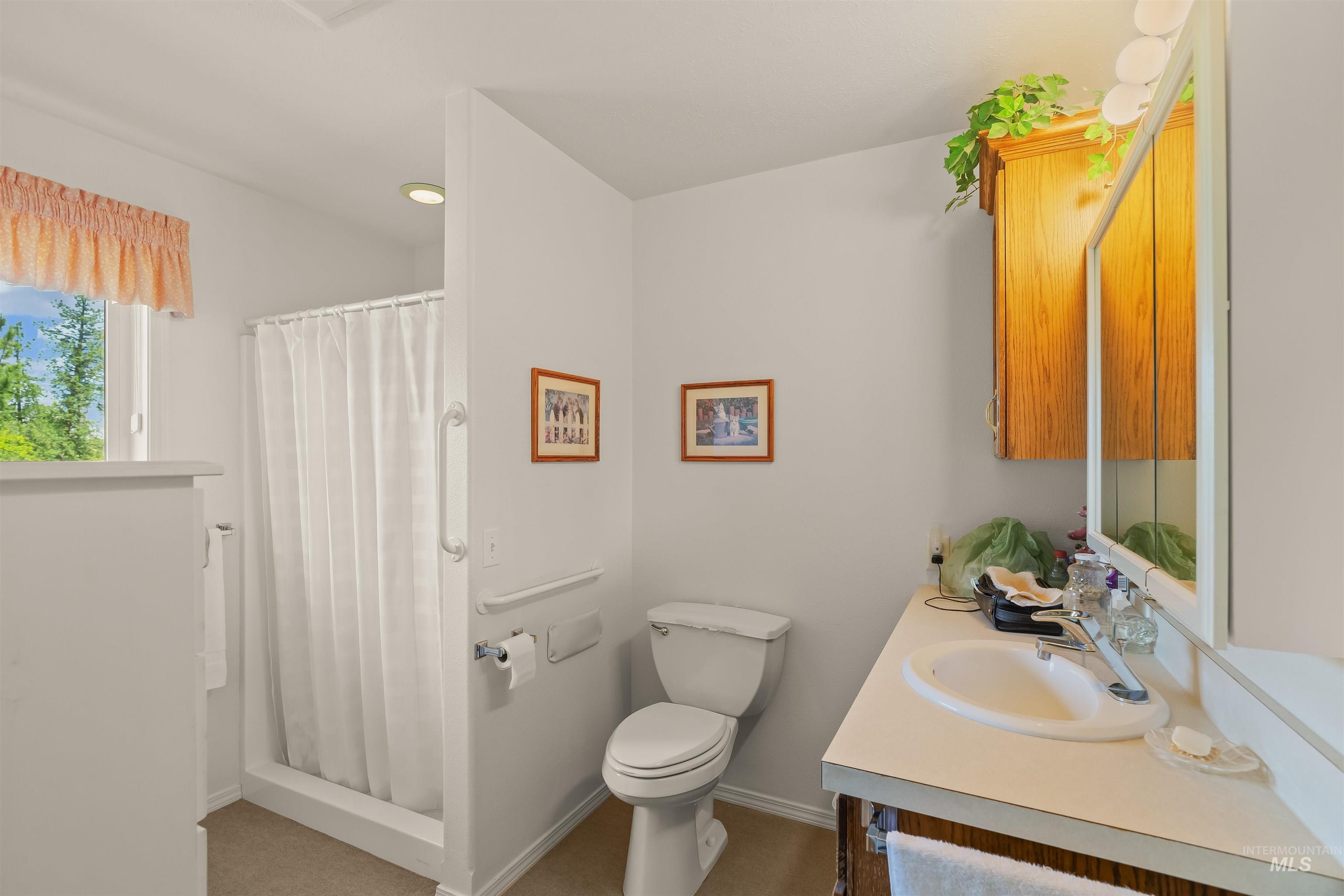 743 Wall Crk Road Stites, ID 83552 - Photo 29 of 48 Bathroom featuring a white shower stall with curtain, toilet, and vanity with an integrated sink