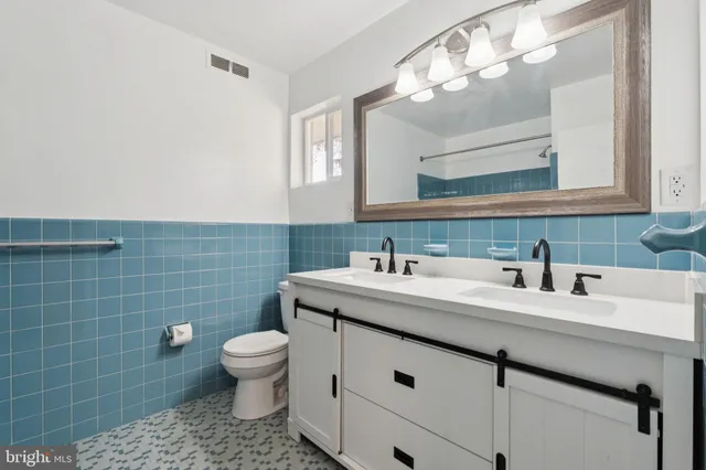 a bathroom with a sink a toilet and a mirror