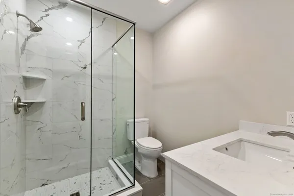 a bathroom with a shower and toilet