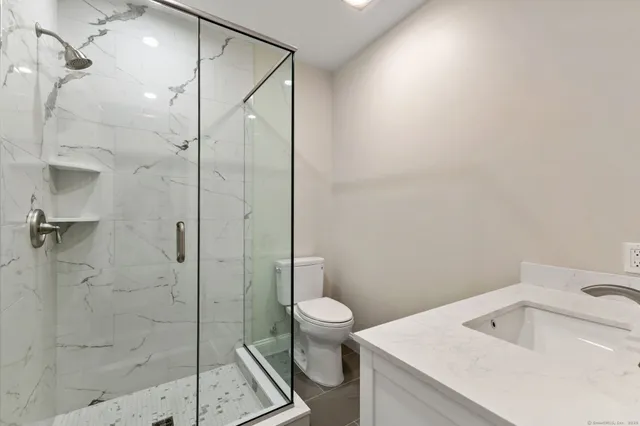 a bathroom with a shower and toilet