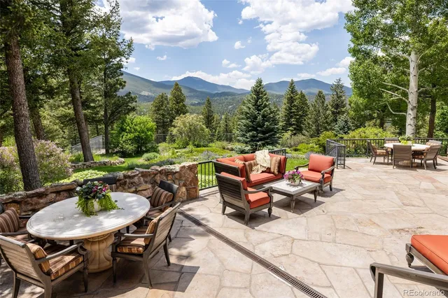a view of a patio with table and chairs and a barbeque