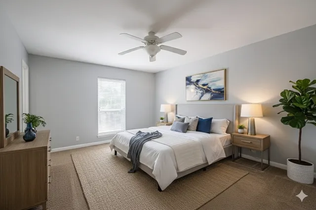 a bedroom with a bed and potted plant