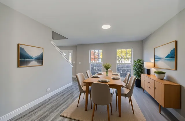 a view of a dining room with furniture and window