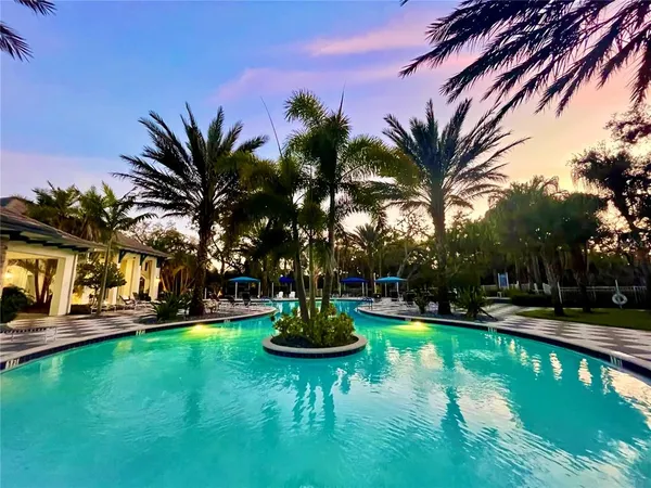 a view of a swimming pool with a garden