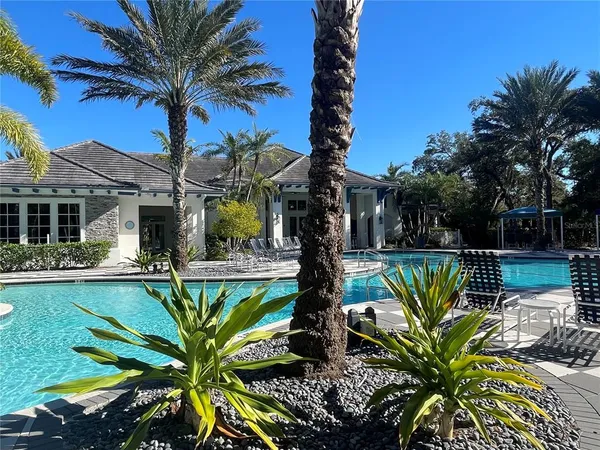 a view of a swimming pool with a patio