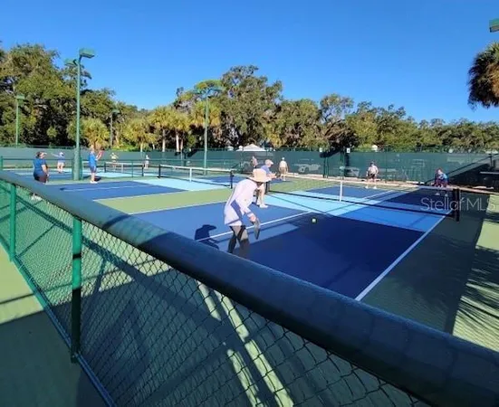a view of a tennis ground with large trees