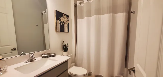 a bathroom with a sink toilet and mirror