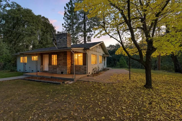 a view of a house with a yard and large tree