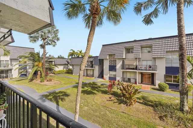 a view of a swimming pool with a lawn chairs under palm trees