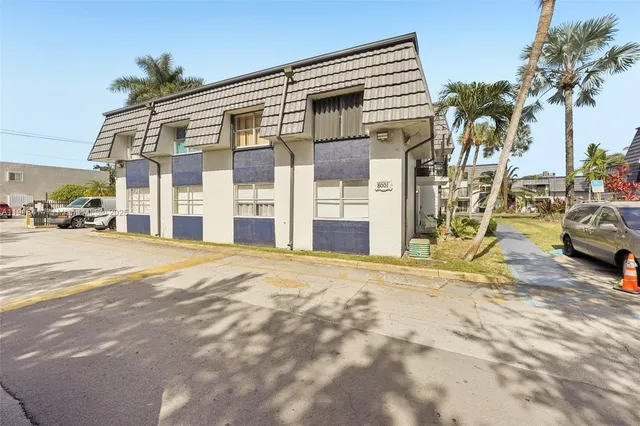 a view of a building with a large windows