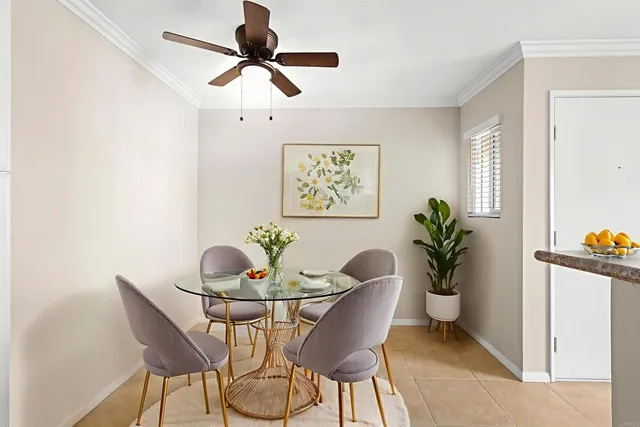 a dining room with furniture and window
