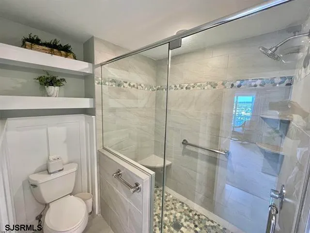 a bathroom with a shower and toilet