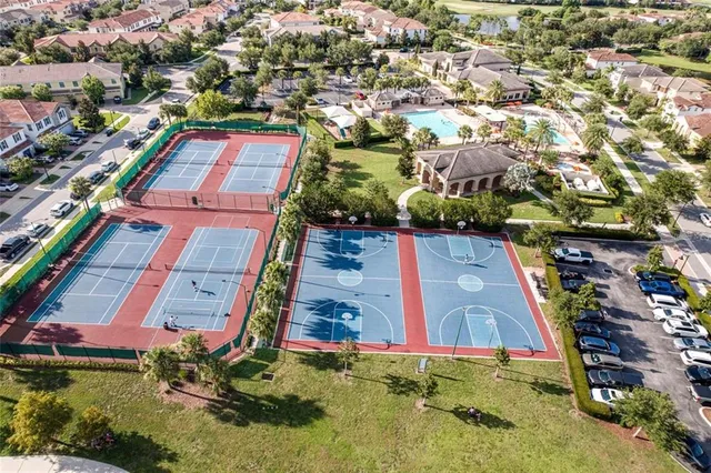 an aerial view of a house with a garden