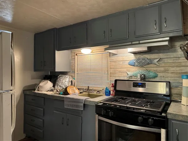 a kitchen with a stove and a refrigerator
