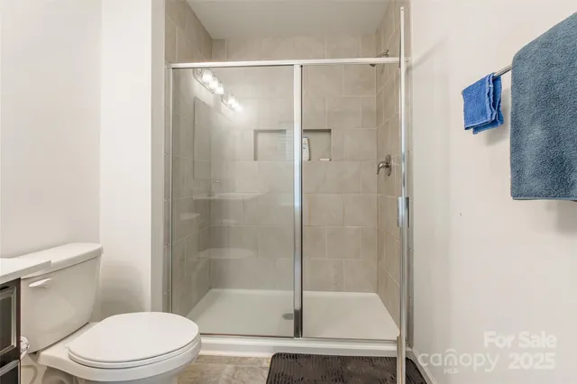 a bathroom with a shower and a toilet