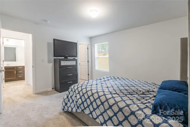 a bedroom with a bed and a television