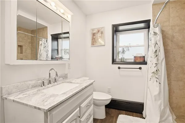 a bathroom with a granite countertop sink toilet and mirror