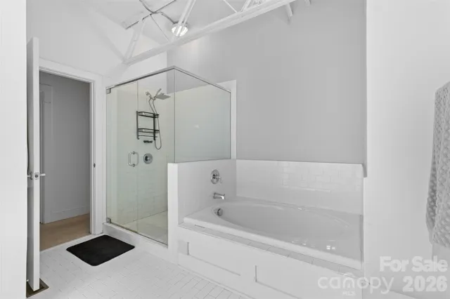 a bathroom with a bathtub and a shower