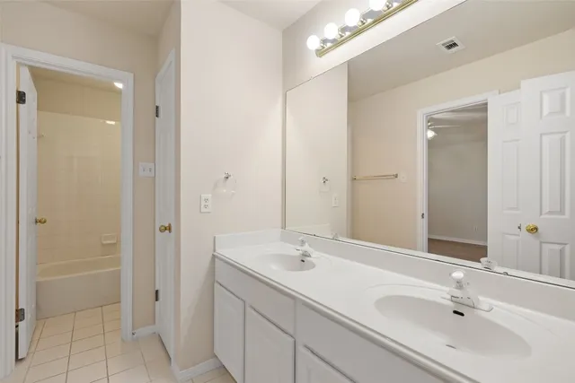 a bathroom with a sink double vanity and a mirror