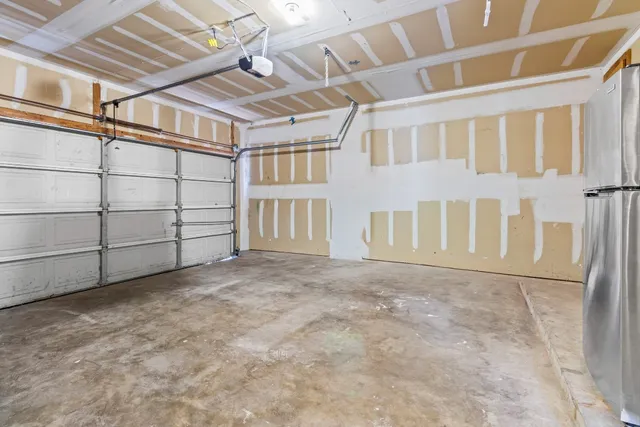 a view of a yard with plants and a large tree