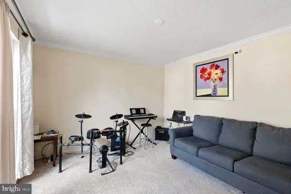a living room with furniture a rug and a window