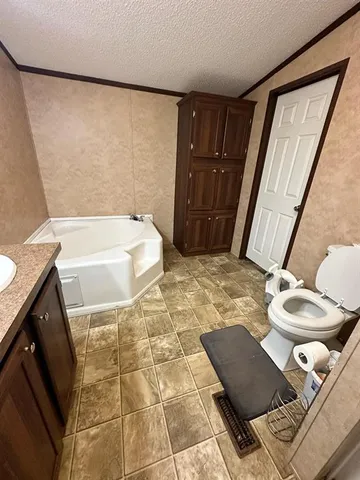 a bathroom with a sink a toilet a mirror and bathtub