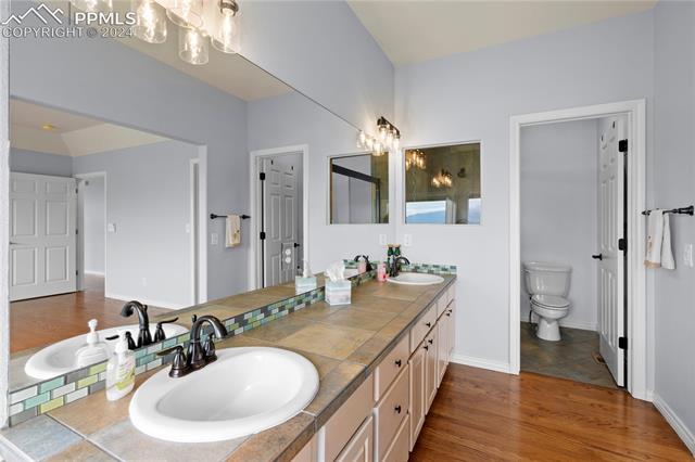 12124 Stanley Canyon Road Colorado Springs, CO 80921 - Photo 16 of 34 Bathroom featuring toilet, double sink vanity, and hardwood / wood-style floors